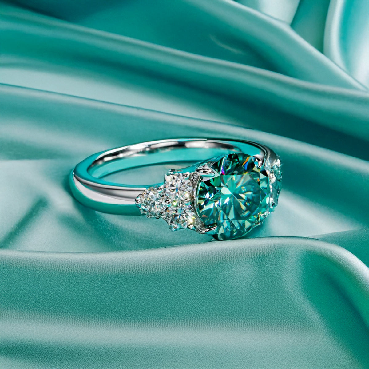 3ct Round Cut Blue-Green Moissanite Ring — 18K Gold Plated 925 Silver