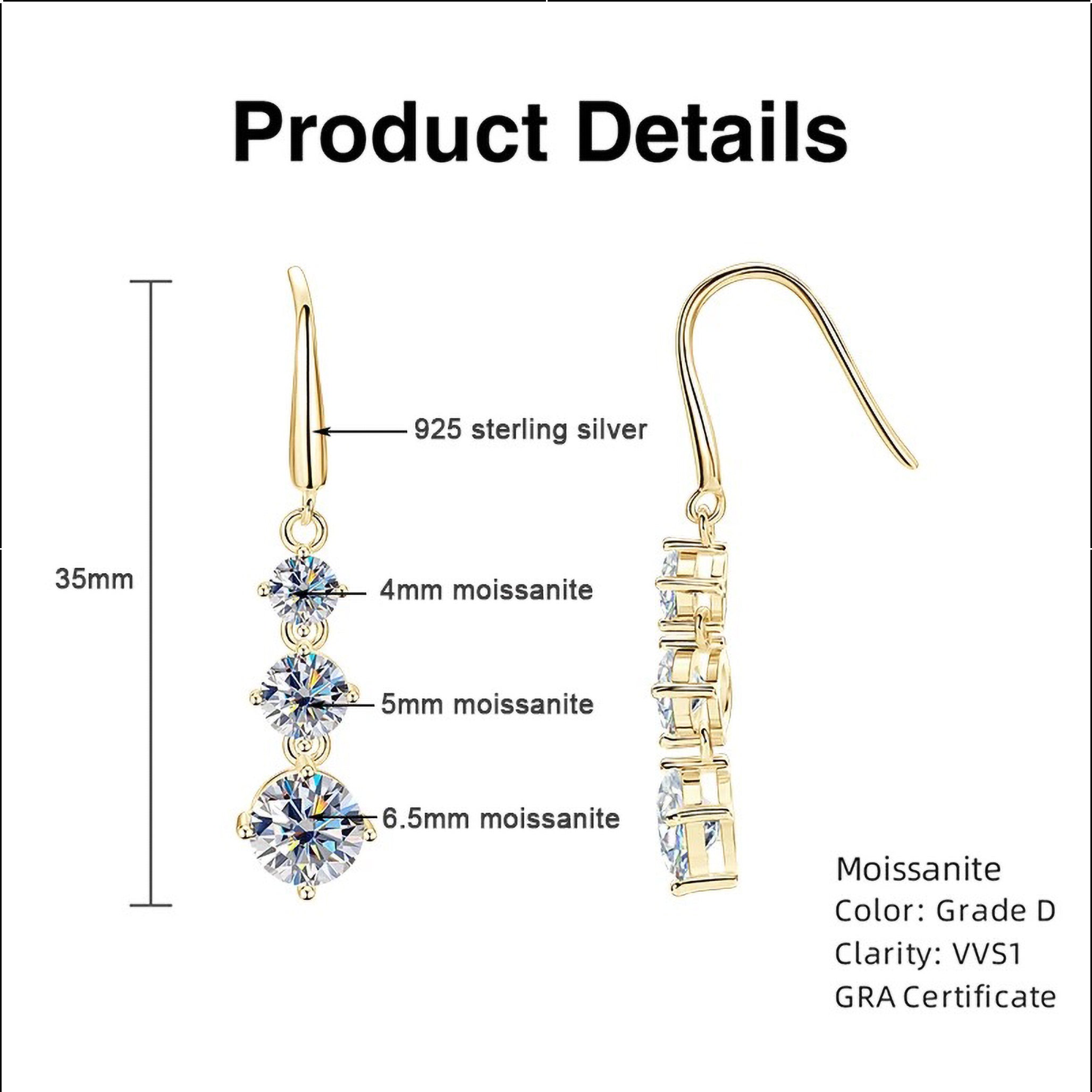 D-VVS1 Moissanite Drop Hook Earrings – 925 Sterling Silver - 3.60 CTTW